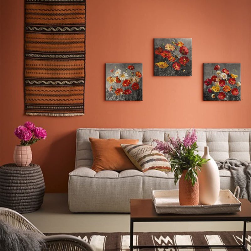sunfrower 3 Piece Poppy Wall Art Burnt Orange Flower Pictures Wall Decor Bedroom Wildflower Paintings Daisy Poppies Posters Canvas Prints Black and Grey Botanical Artwork for Living Room Home Decorations 12x12" - Image 4